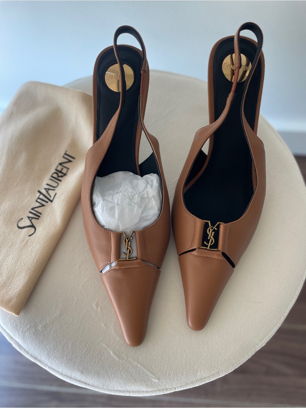 Saint Laurent Tan Leather Pointed Slingback Pumps with Gold YSL NWOT